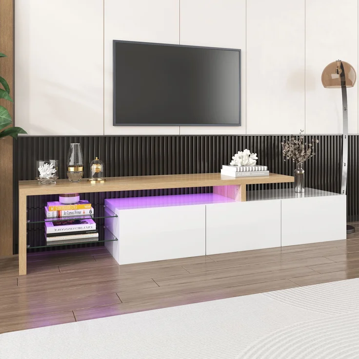 TV-Schrank 197,5 cm Weiß Hochglanz Holzoptik mit LED Beleuchtung, Lowboard mit Stauraum und Glasböden – Bild 7