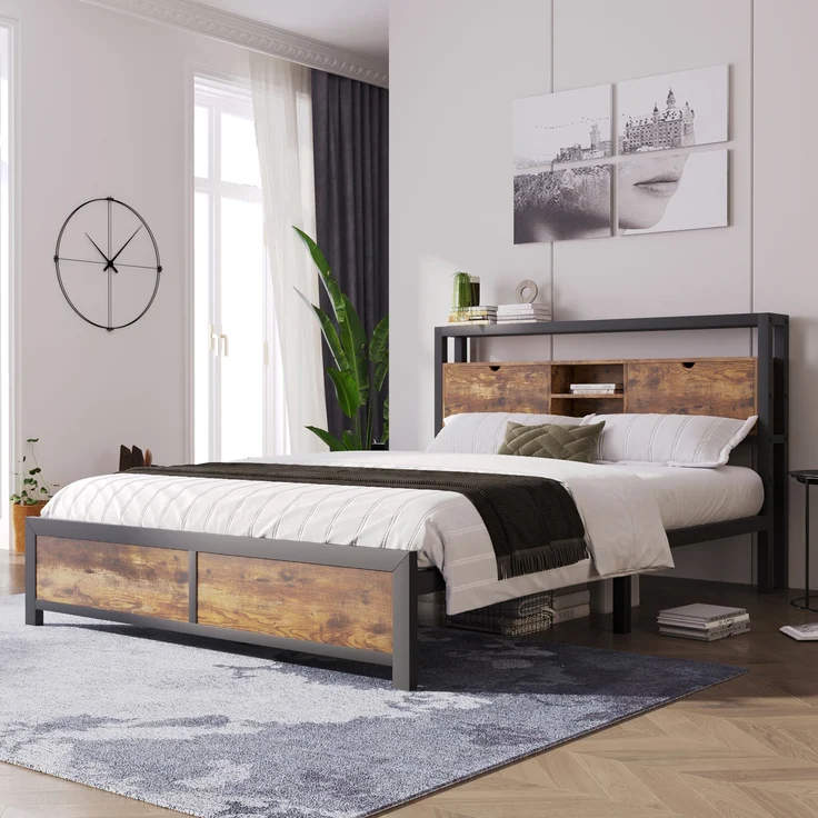 Metallbett mit Stauraum-Kopfteil & Metallgestell, 145x216x100 cm, Natural, ohne Matratze – Bild 8