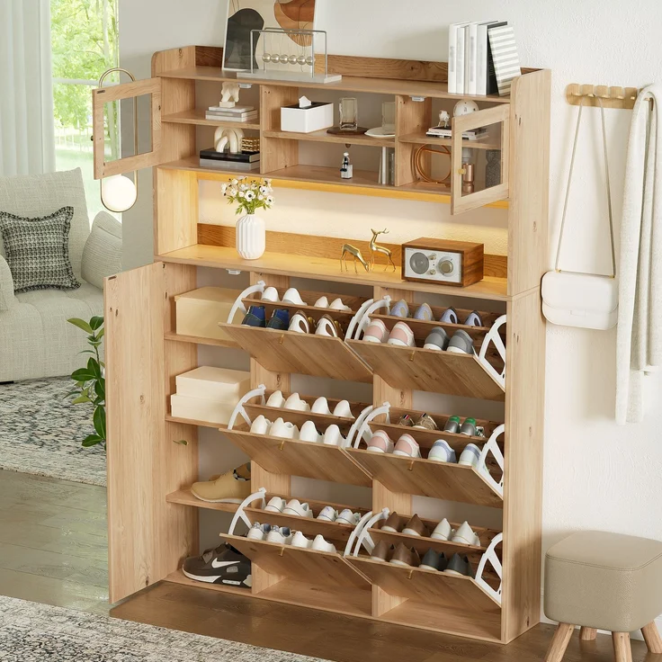 ZUBALIYA Schuhschrank (130 x 25 x 180 cm), 6 Klappfächer, LED - Beleuchtung, Stauraum für Flur und Eingangsbereich, Naturfarben – Bild 4