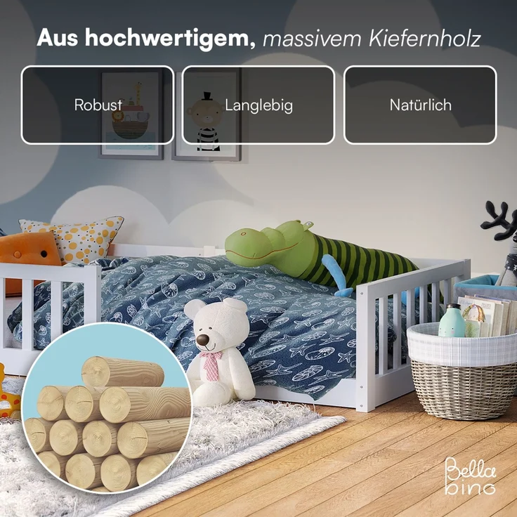 Bellabino 'Vere' Bodenbett 80x160 cm mit Matratze, weiß, Massivholz Kiefer, Montessori Kinderbett mit Rausfallschutz und Lattenrost – Bild 7
