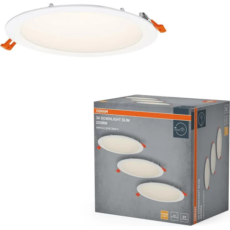 Osram Essential LED Einbaustrahler Slim 225mm 22W Weiß, 3er Set Downlight 2000lm warmweiß 3000K, Deckenspot IP20