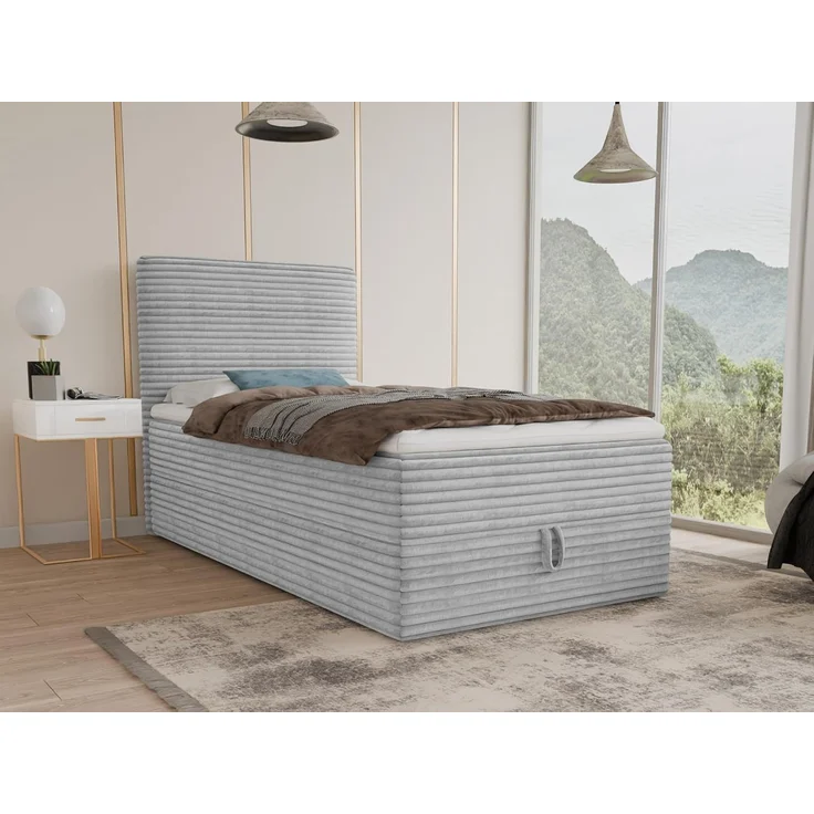 Boxspringbett Mollo Mini mit Bettkasten und Matratzentopper - Einzelbett mit Bonell-Matratze und Topper, Polsterbett in weichem Cordstoff, Bett, Schlafzimmer (Grau (Tilia 86), 90 x 200 cm) – Bild 2