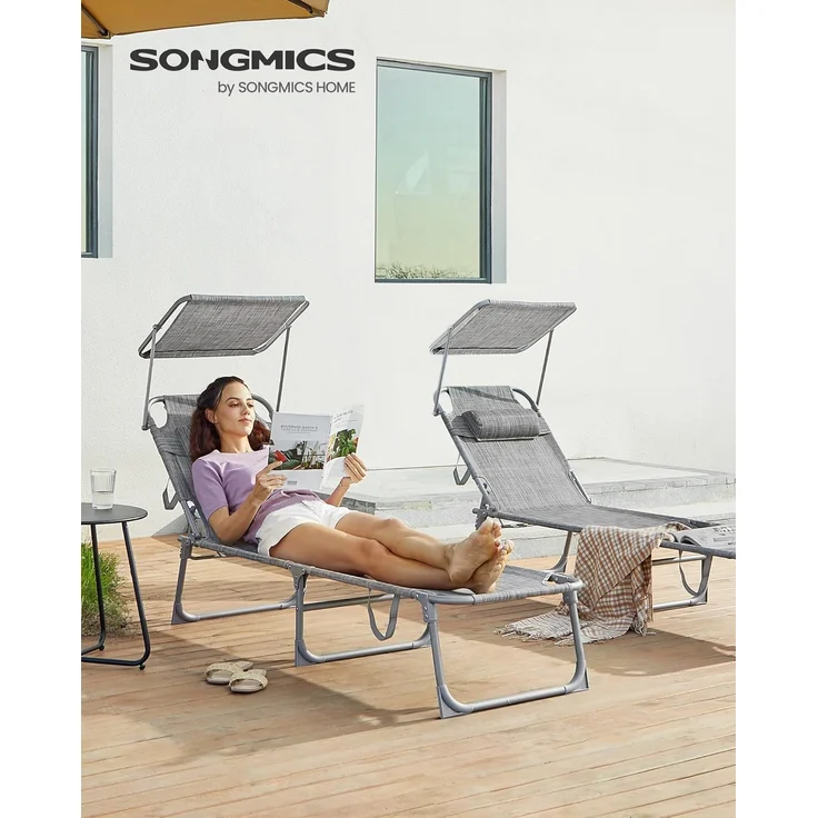 Songmics 'GCB19T' Sonnenliege, klappbarer Liegestuhl, max. Belastbarkeit 150 kg, mit Sonnenschutz, Kopfstütze und verstellbarer Rückenlehne, grau, 193 x 53 x 29 cm – Bild 2