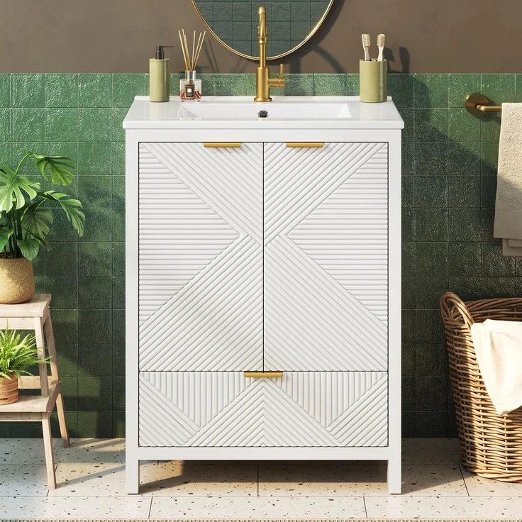 Freistehender Badschrank mit Keramikwaschbecken, 61 x 47 x 87 cm, MDF, Weiß, Wellenstruktur – Bild 2