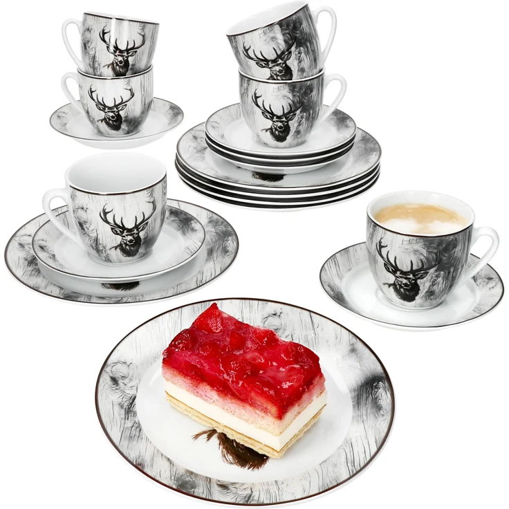 18tlg Kaffeeservice Alois Porzellan 6 Personen Tassen Untertassen Teller Hirsch – Bild 1