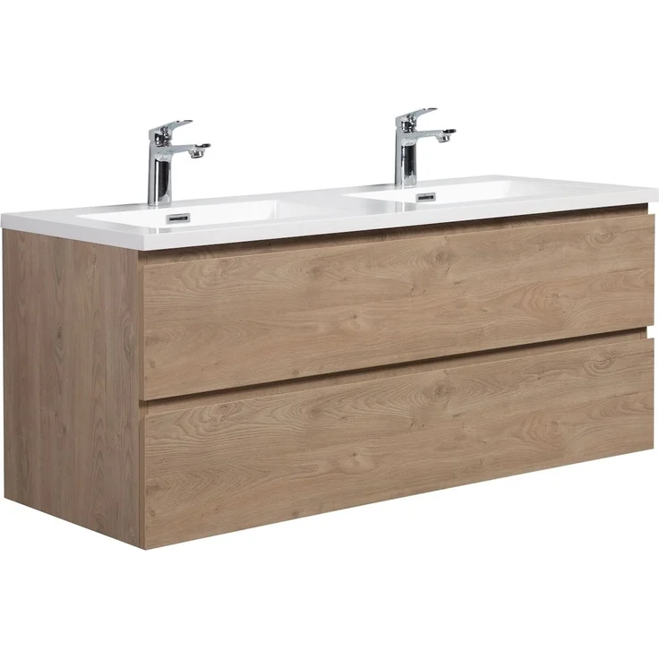 Badplaats Badmöbel Set mit Waschbecken und Unterschrank Angela 120 x 48 cm Kastanien Eiche - Waschbeckenunterschrank mit Soft-Close und Doppelwaschbecken, Vorgemontiert – Bild 1