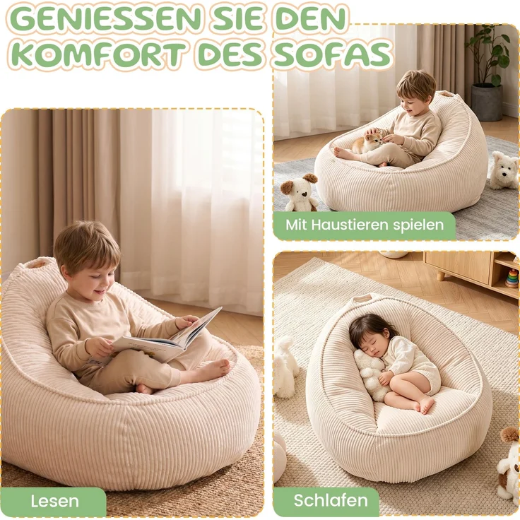Sitzsack, weicher Plüsch-Sitzsack, bequemer Sitzsack, geeignet für Spielzimmer, Leseecke, Wohnzimmer und Kinderzimmer, für Jungen und Mädchen – klein(Beige)--Beige--69x72x51cm--YOUDENOVA – Bild 5