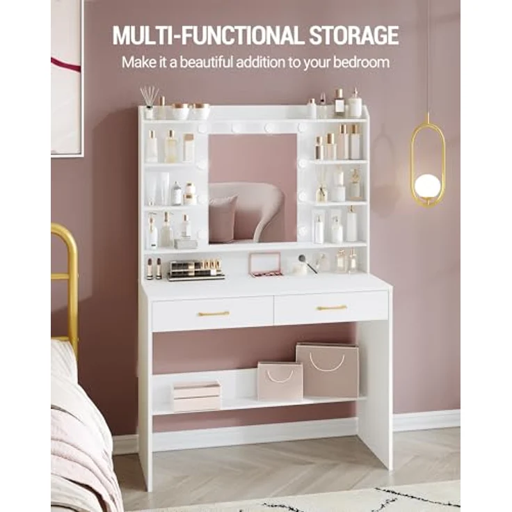 Schminktisch mit Spiegel, Schminktisch mit Ablageflächen und 2 Schubladen, für Schlafzimmer, Wohnzimmer, Verstellbare Helligkeit, Weiß – Bild 6