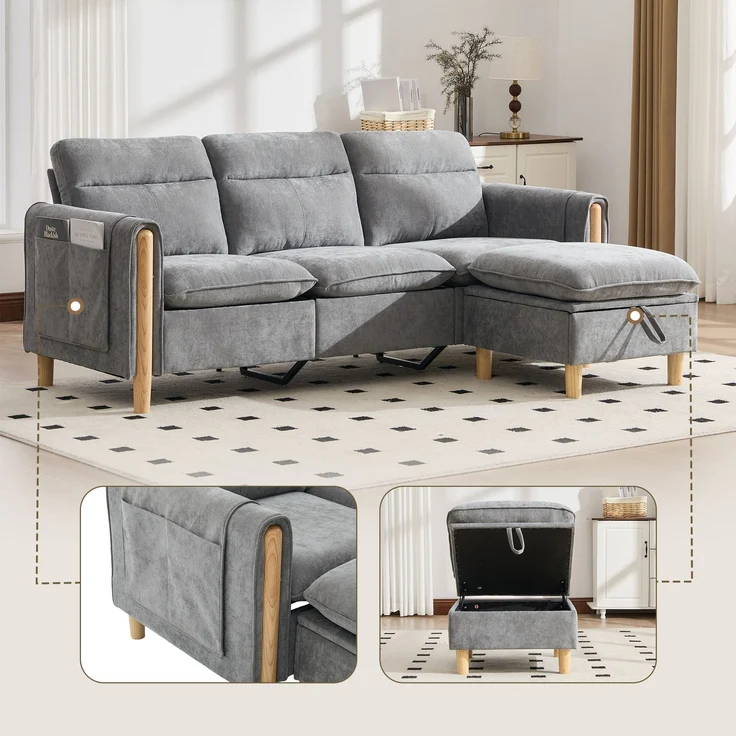 EINHOM Dreisitzige Sofagarnitur im nordischen Stil mit Aufbewahrungshocker, L-förmiges Stoffsofa mit Seitentaschen und Tischbeinen aus Holz, ideal für Wohnzimmer und kleine Räume (Grauer Chenille) – Bild 1
