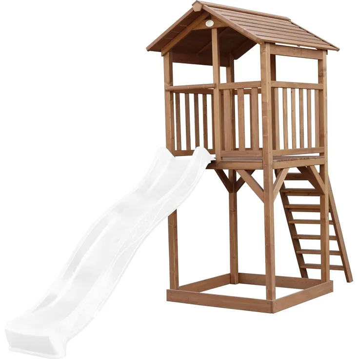AXI Beach Tower Spielturm aus Holz in Braun Spielhaus für Kinder mit weißer Rutsche und Sandkasten | Braun, weiß | Holz | 349 cm