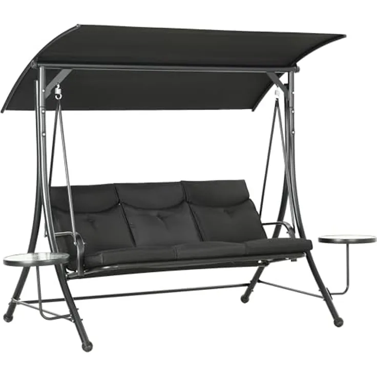 Outsunny Hollywoodschaukel mit Couchtische, mit verstellbarem Sonnendach, 3-Sitzer, mit verstellbarem Sonnendach, 3-Sitzer Gartenschaukel, 1 tlg, Schaukelbank, belast bis 300kg, für Garten, Terrasse, 278 x 135 x 177 cm, Schwarz