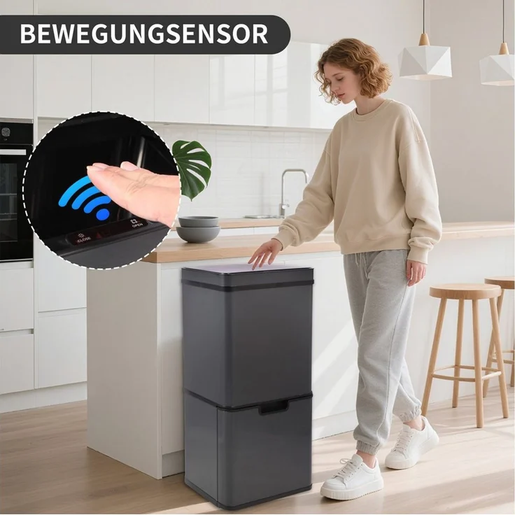 Ribelli Mülltrennsystem Sensor Mülleimer, 4 Fächer, Mülleimer Küche, 70L, Grau, Abfalleimer mit Sensor – Bild 3