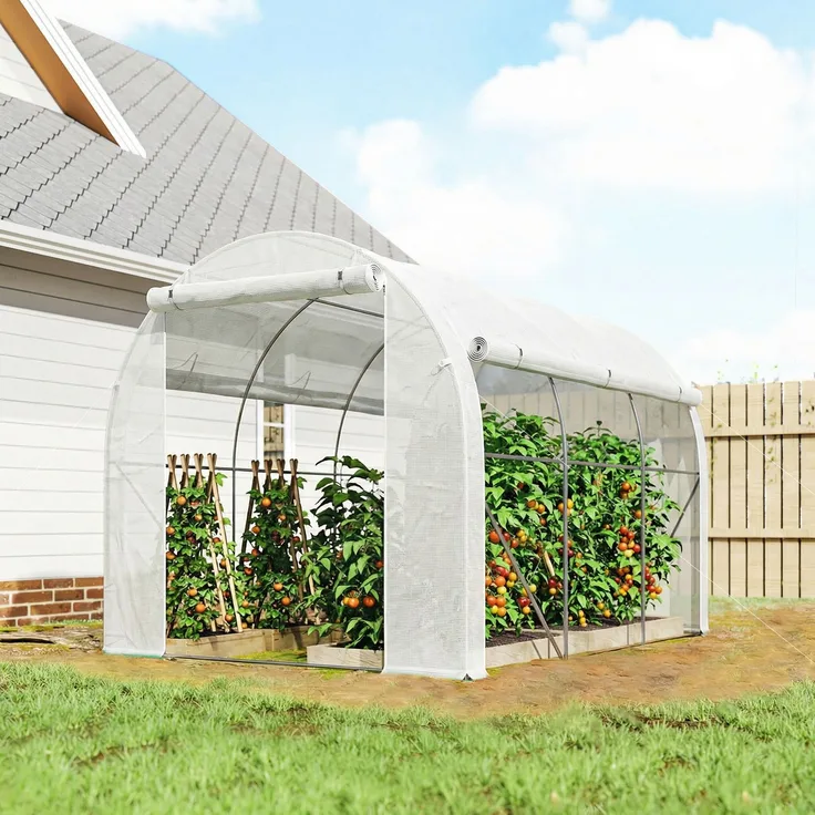 Wohnora-6 m² großes Gartengewächshaus (3 x 2 m), mit einer Tür und zwei aufrollbaren Seitenwänden mit Reißverschluss, sechs Fenstern, weiß,H 2000cm x T 1100cm x B 1960cm