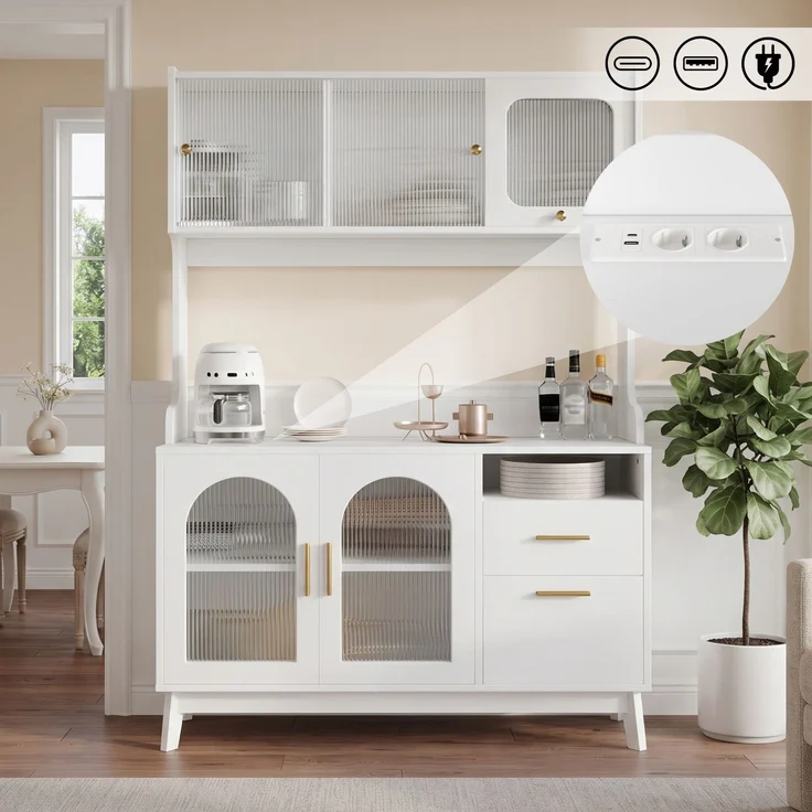 ZUBALIYA Buffetschrank 120 x 40 x 178 cm, mit Acrylglasfront, 2 Steckdosen, USB-A und USB-C, verstellbaren Einlegeböden, Weiß – Bild 1