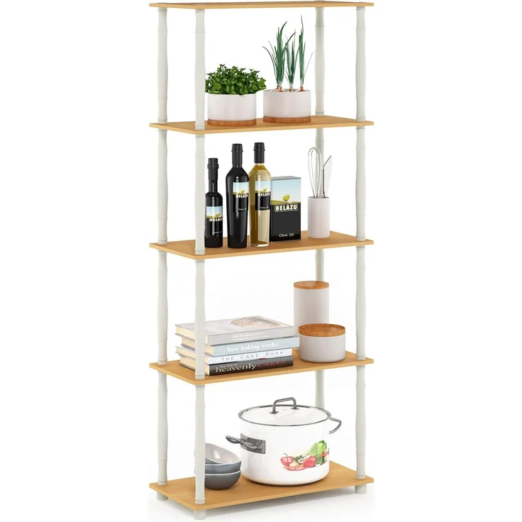 Furinno 5-Ebenen Mehrzweck-Regal mit klassischen Rohren, holz, Buche/Weiß, 29. 46x59. 94x145. 8 cm – Bild 1