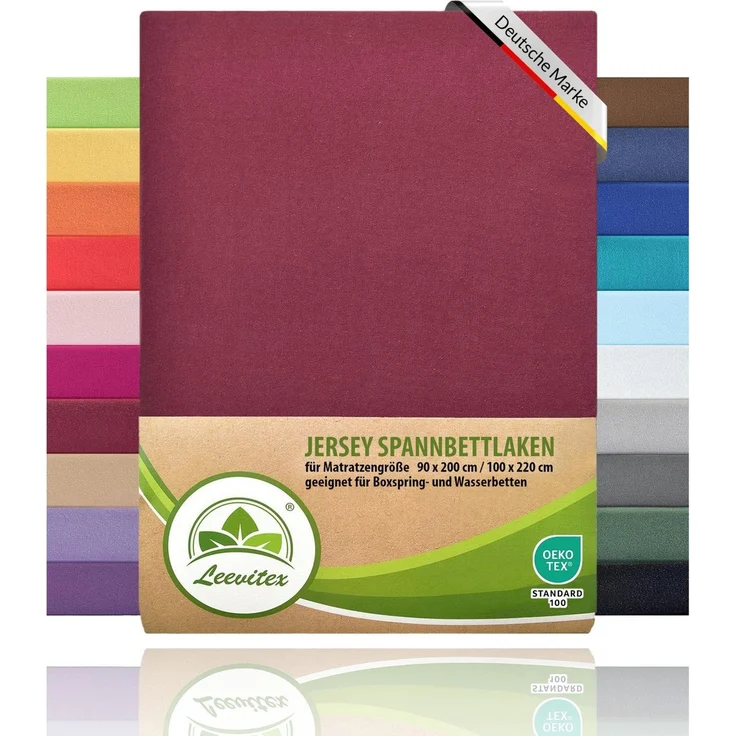 leevitex® Spannbettlaken, Premium 170g/m², Gummizug: rundum, schwer und dick, 100% Jersey-Baumwolle, Bordeaux / Weinrot, 90 x 200 - 100 x 220 cm – Bild 2