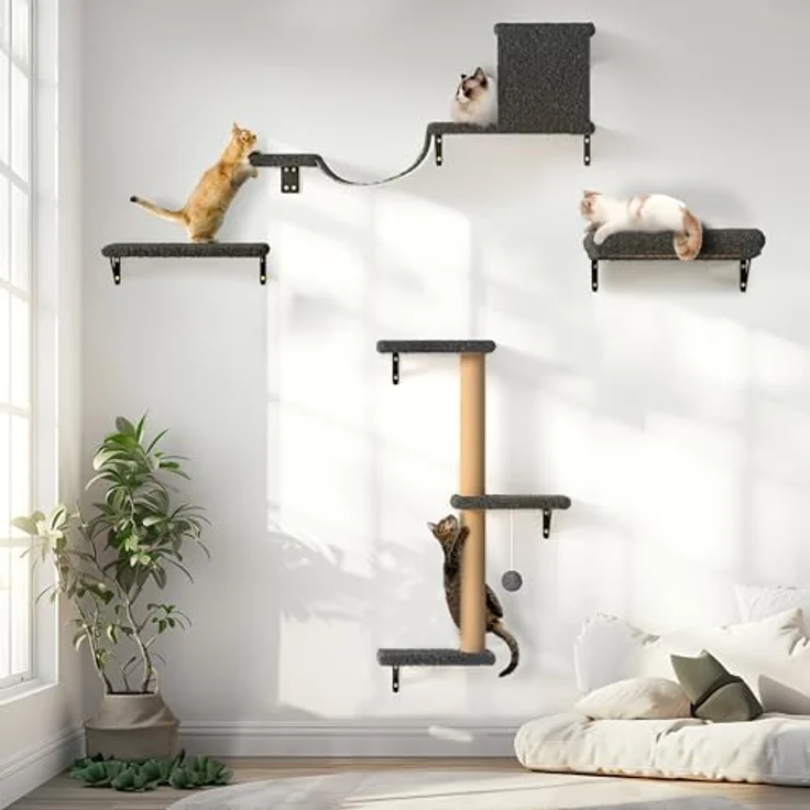 FUKUMARU Kletterwand Katzen Set, 10-teilig Katzen Kletterwand Set, aus robuster Multiplexplatte，Hängematte Katze mit Katzenhaus, Katzenbrücke, Katzenbaum, Katzentreppe bis zu 18 kg, Grau – Bild 2