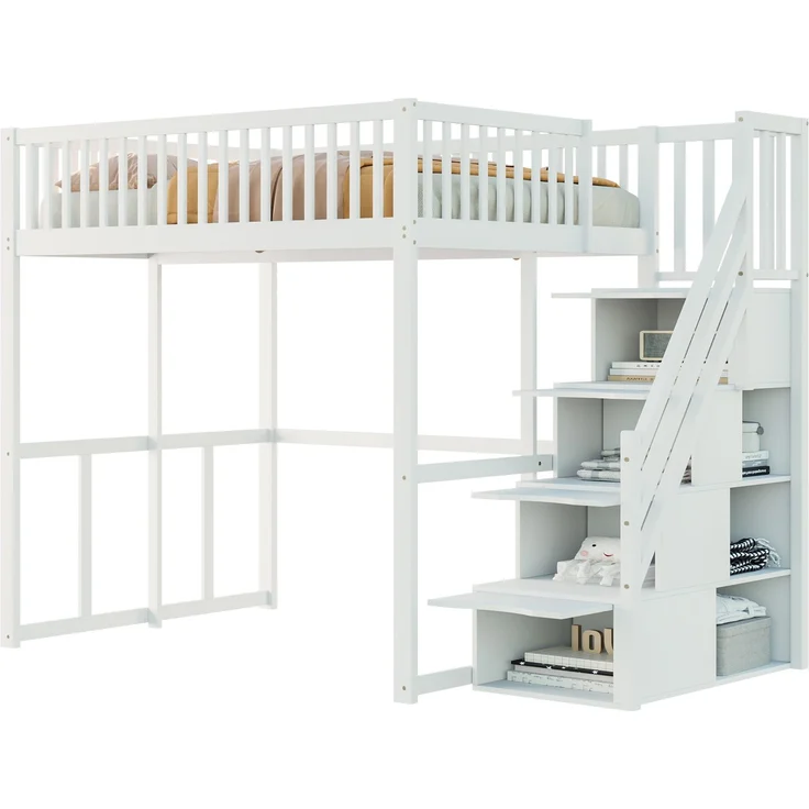 Merax Hochbett 140x200cm mit Sicherheitsaufbewahrungsleiter, Sicherheitsumrandung, Bettgestell aus massiver Kiefer, Geeignet für Kinder, Jugendliche und Erwachsene, Weiß – Bild 10