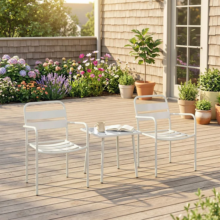 3-teiliges Bistrò-Set: Glastisch und 2 Stühle, weiße Gartenmöbel. – Bild 4