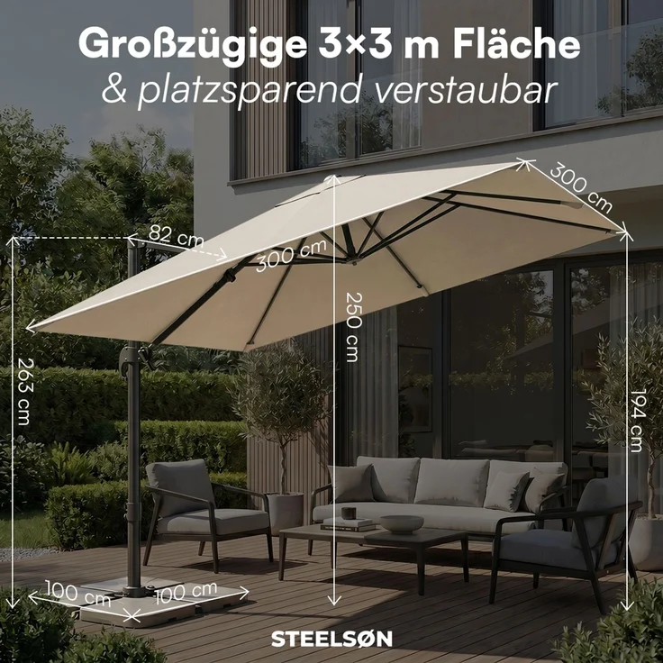 STEELSØN 'Elaris' Premium Sonnenschirm 300x300 cm quadratisch, neigbar und 360-Grad drehbar, taupe, Ampelschirm inkl. Hülle, extrem robuste Metall-Stange, 220 g/m² Polyester, UV50+ – Bild 9