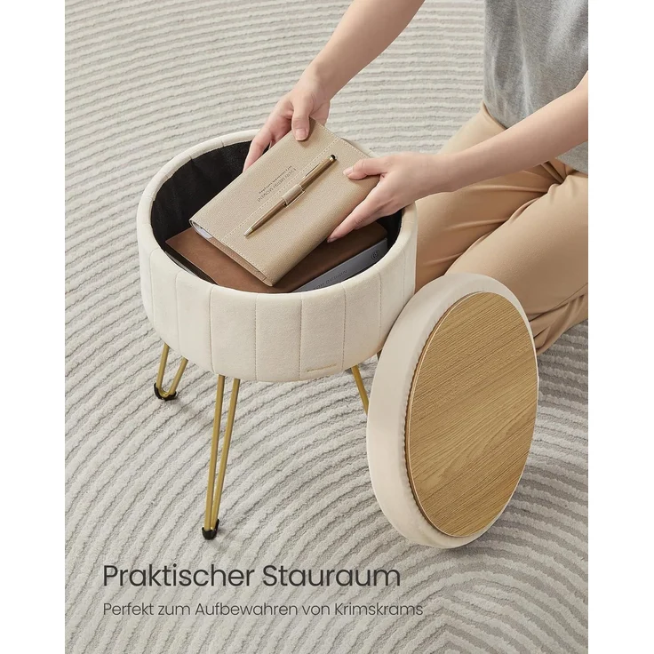 Songmics Sitzhocker Hocker (Schminktischhocker, Samt Schminkhocker), 4 Metallbeine, für Ankleidezimmer, Wohnzimmer, Schlafzimmer, weiß – Bild 7