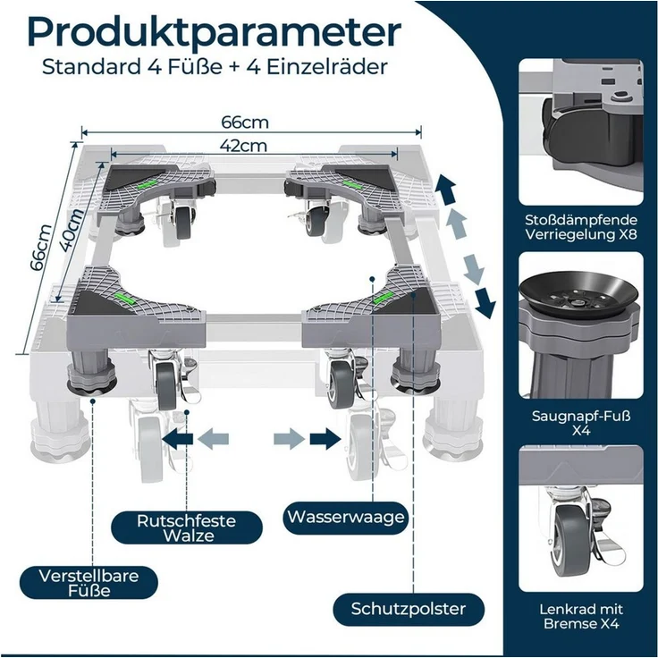 PFCTART Waschmaschinenuntergestell Waschmaschine Untergestell mit Rollen – 300 kg, verstellbar, Zubehör für Waschmaschine, Kühlschrank & Trockner – Inkl. einstellbarer Füße, Geräte Sockel mit Bremsrollen & Vibrationsschutz, Mobile Waschmaschine – Bild 4