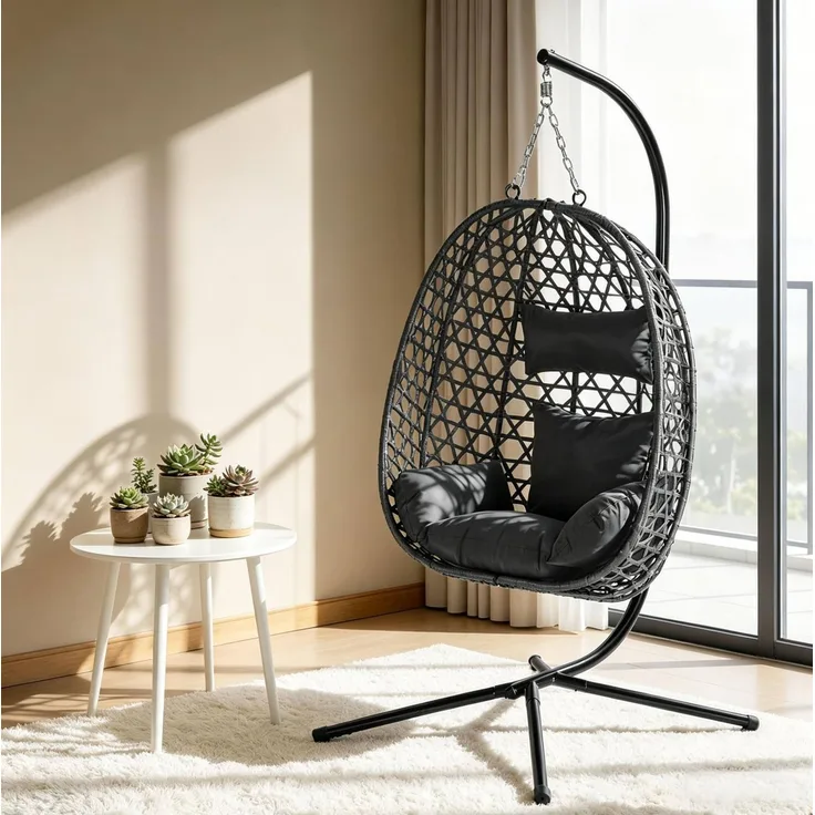 Hängeeierstuhl aus PE-Rattan, höhenverstellbar & 360° schwenkbar, 105x105x195 cm, Anthrazit