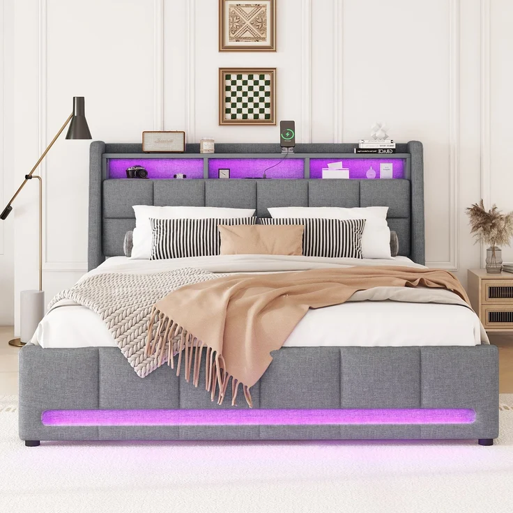 Polsterbett 140×200 cm aus Leinen-Stoff mit LED-Beleuchtung und USB-Ladebuchse, grau – Bild 2