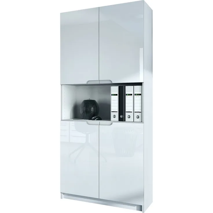 Vladon Büroschrank Logan V2, Aktenschrank mit 5 Fächern und 4 Türen, Weiß matt/Weiß Hochglanz (82 x 184 x 37 cm)