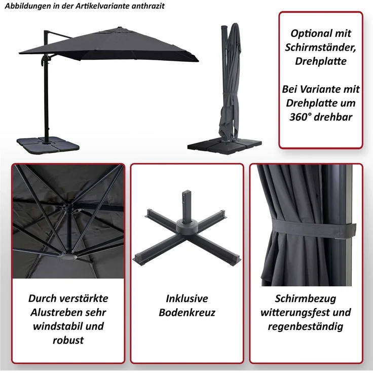 Gastronomie-Ampelschirm HWC-A96, Sonnenschirm, 3x4m (Ø5m) Polyester/Alu 26kg ~ creme mit Ständer – Bild 2