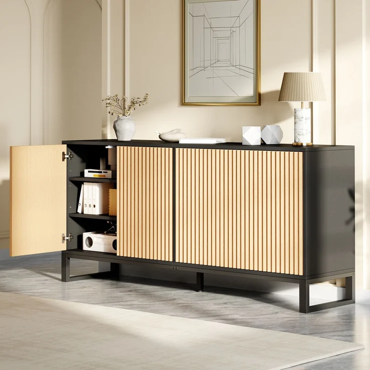 DESVIAE Sideboard Natur/Schwarz aus MDF/Spanplatte – 160x75x40 cm – 4 Türen, verstellbare Einlegeböden – Bild 2