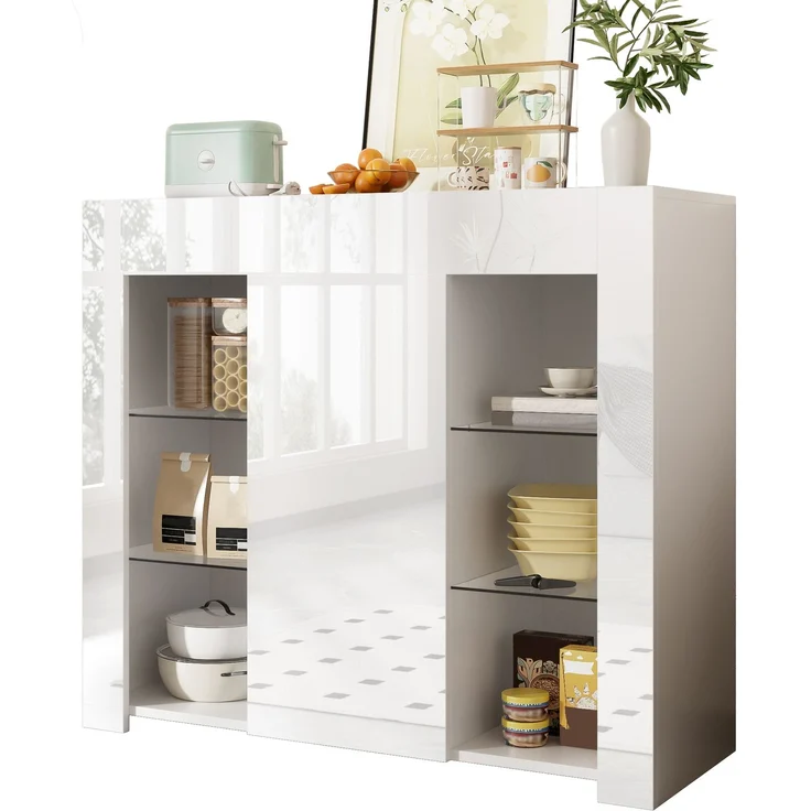 Abrihome Küchenschrank Buffet mit Glasregalen und Schranktür, Weiß, 83x35x95 cm – Bild 7