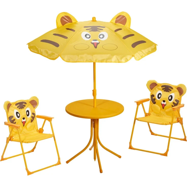 Koopman Garten-Kindersitzgruppe Sitzgruppe Strandstuhl Strandschirm Tisch Kindermöbel 4tlg, (1-tlg), Tiger-Design, Faltstuhl, Orange / Gelb, Schattenspender, Outdoor – Bild 3