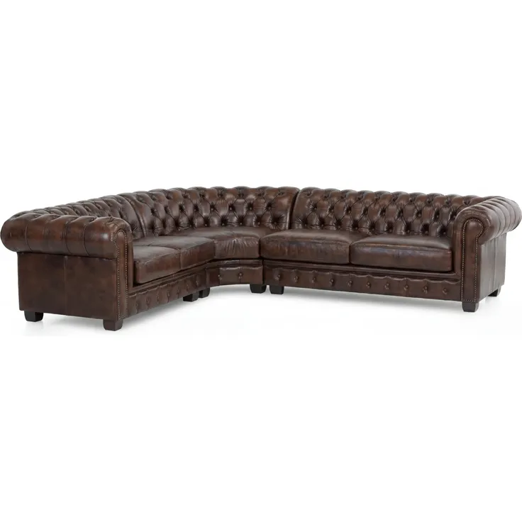 Chesterfield Ecksofa Echtleder antik braun 263x294 cm – Luxus Ledersofa mit Armlehnen, englisches Design, Clubsofa für Wohnzimmer & Herrenzimmer