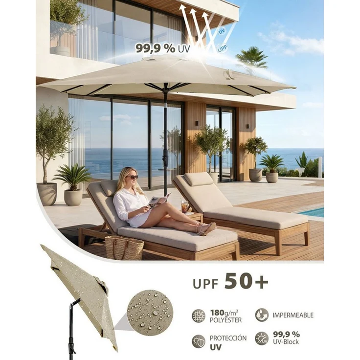 Sekey Sonnenschirm Rechteckig Marktschirm Neigbar mit Kurbel Sonnenschirm Groß, LxB: 300x200 cm, Sonnenschirm 300 x 200 cm, Gartenschirm Outdoor Wetterfest, Knickbar – Bild 3