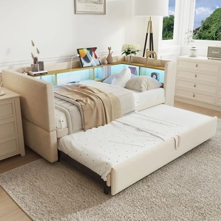Ball & Cast Polsterbett Ausziehbares Schlafsofa 90/180 * 190cm, ausgestattet mit LED Leuchten, Steckdosen und vielen Ablagefächern, Polsterbett, Multifunktionsschlafsofa, Einzelbett, Beige – Bild 3