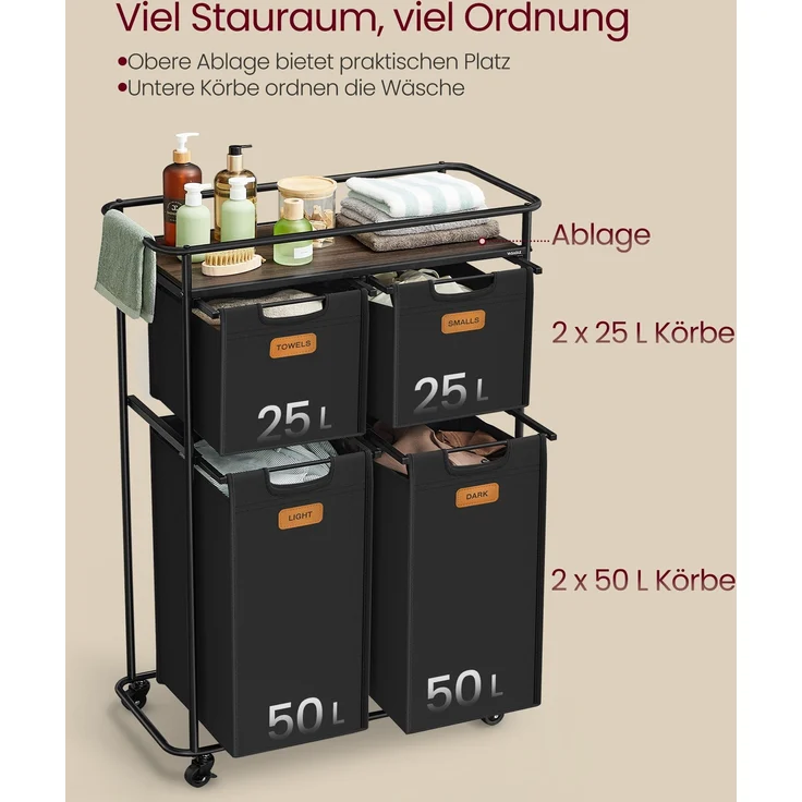 VASAGLE Wäschesortierer, Wäschetrenner mit Rädern, 150 L, Wäschekörbe, beweglicher Wäschewagen mit Ablage, 4 abnehmbare Taschen, 6 Etiketten, tintenschwarz-kastanienbraun – Bild 3