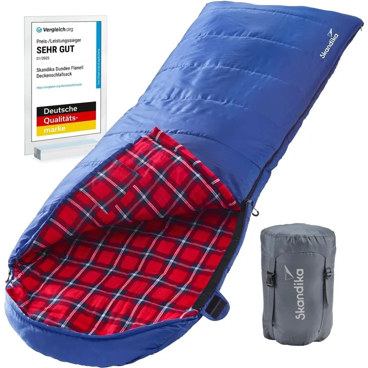 Skandika Deckenschlafsack Dundee Flanell, Reißverschluss rechts, Baumwolle, Camping, Erwachsene, koppelbar, Doppelschlafsack, 3 Jahreszeiten, bis -20°C, 220 x 80 cm