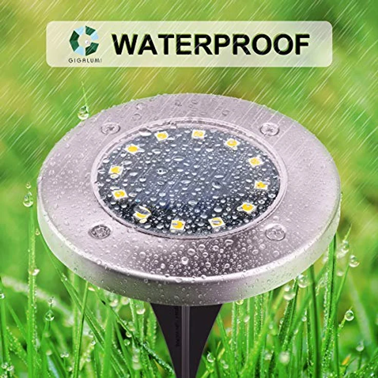GIGALUMI Solar Bodenleuchten 12 LEDs 8 Stück Solarleuchten Warmweiß Gartenleuchten Edelstahl Wasserdicht für außen, Garten, Terrasse, Rasen, Hof, Gehweg – Bild 6