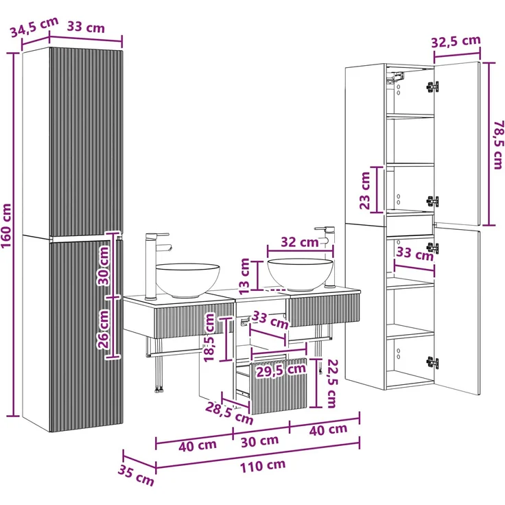 vidaXL Badezimmerschrank-Set 5 stk. Grau Sonoma 33 x 34,5 x 160 cm 3406009 – Bild 12
