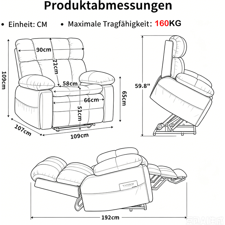 Sessel 109 x 107 x 109 cm (B x T x H), brauner Flanellstoff, elektrisch verstellbar mit Aufstehhilfe, 1 Stück – Bild 4