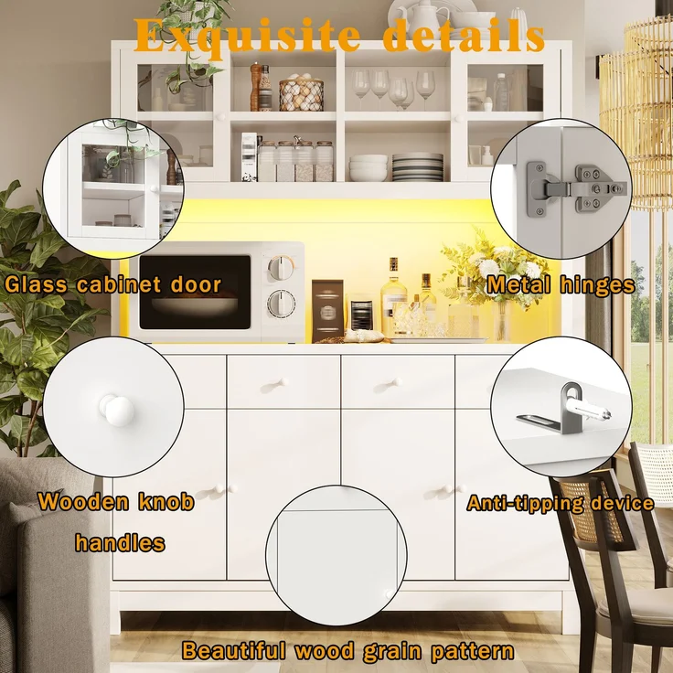 ZUBALIYA Hochbuffetschrank 140*38.5*180cm mit App-gesteuerter RGB-LED / verstellbare Einlegeböden, mit glastüren & 4 Schubladen und belastbar bis 100kg, Naturholz-Optik – Bild 3