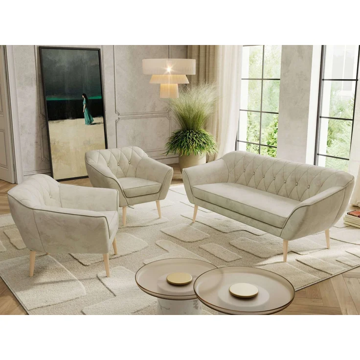 Wohnzimmerset PIRS 1-1-3, Skandinavisches 3-Sitzer Sofa mit Sesseln, Sofa mit Wellenfederung, Buche Füße, Skandinavisches Möbelset - Beige Velvet – Bild 3