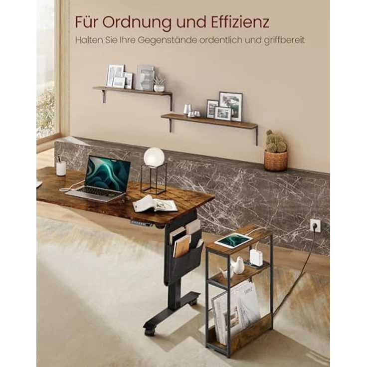 Vasagle Beistelltisch schmal, Nachttisch mit Ladefunktion, Couchtisch klein, 3 Ablagen, Zeitschriftenhalter, für Wohnzimmer, Schlafzimmer, Arbeitszimmer, vintagebraun-tintenschwarz LET335K02 – Bild 8
