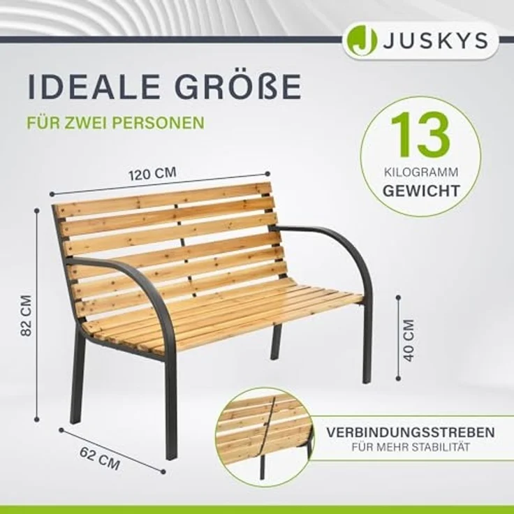 Juskys Gartenbank Modena – 2-Sitzer Holzbank mit Armlehnen & Rückenlehne – wetterfeste Sitzbank 120x62x82 cm - Bank mit Seitenelementen aus Stahl – Bild 2