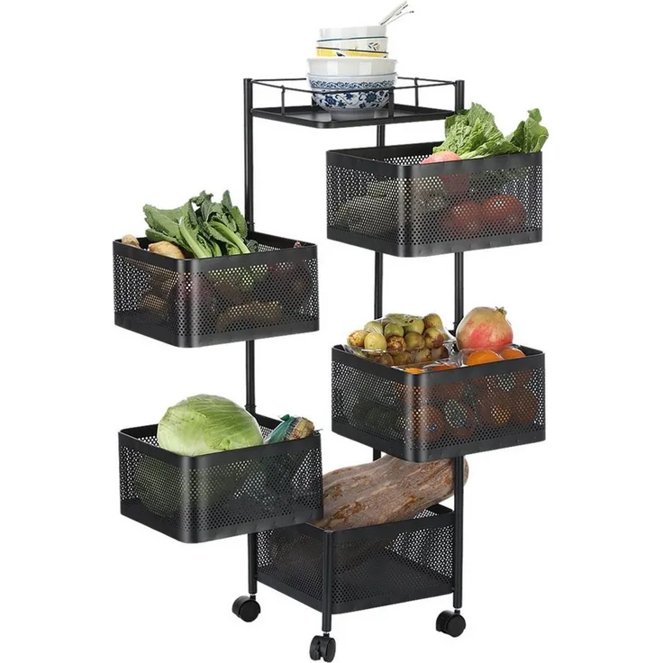 oyajia Küchenregal 6-Stöckiges Küchenregal mit Rollen, Drehbaren Körben, Stahl Obstregal, Metall Aufbewahrungsregal, Standregal, Gemüseregal, 5 Körbe 1-tlg, Flexibler, Langlebiger Rollwagen Ideal für Küche,Bad,Büro, 27x27x94 cm