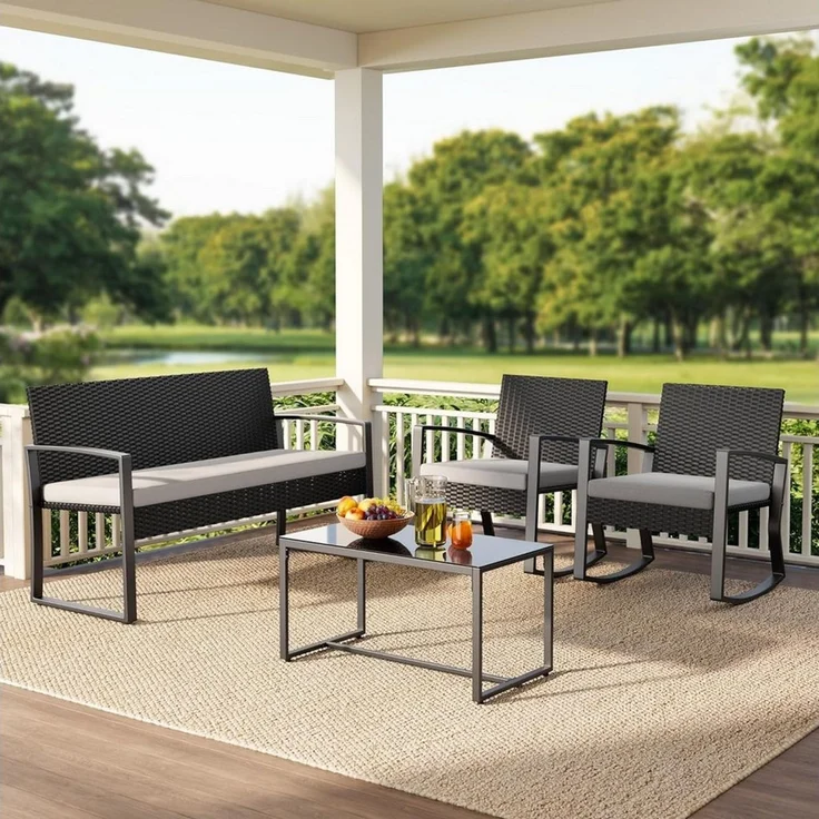 Blishom Balkonset 4-tlg. Gartenmöbel Set mit Schaukelstühlen & Glastisch – Bild 3