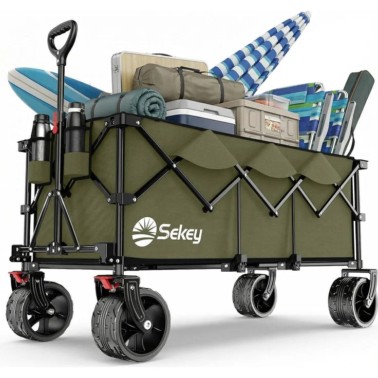 Sekey XXXL Verlängerter Bollerwagen Faltbar Handwagen mit Extra Breite 17x10 cm All-Terrain-Räder, 300L 200KG Belastbar, Grün – Bild 1