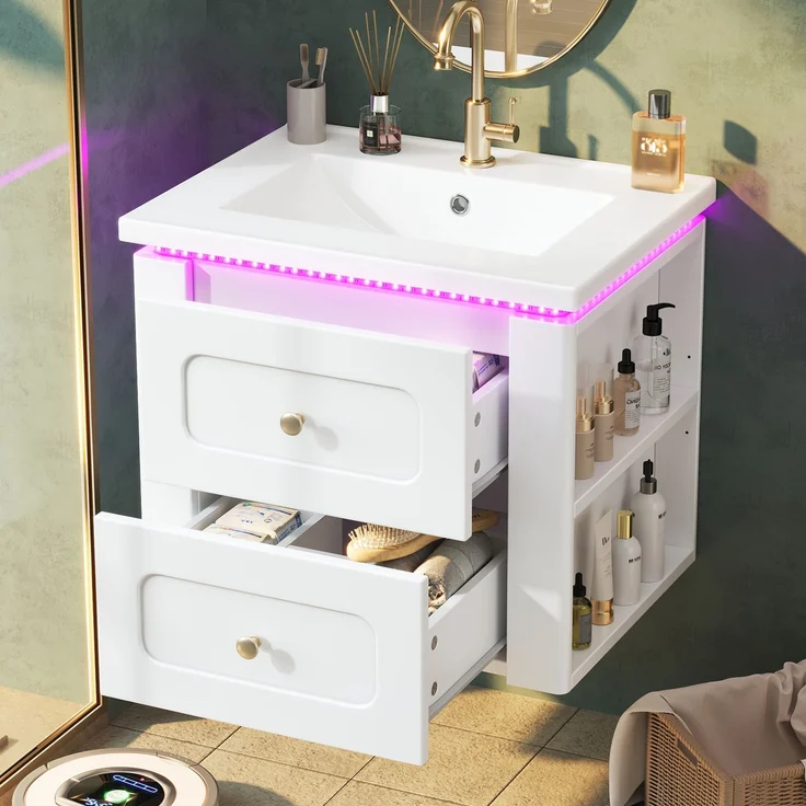 Wandhängender Badschrank 61 x 47 x 50 cm aus MDF mit Keramikwaschbecken, LED und verstellbarem Einlegeboden – Bild 1