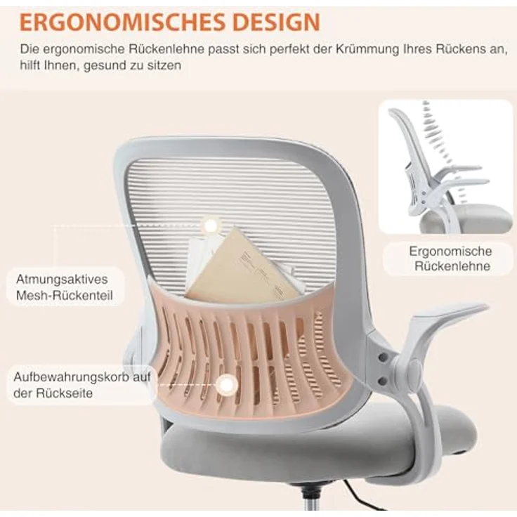 Sweetcrispy Bürostuhl Ergonomisch, Schreibtischstuhl mit Lendenwirbelstütze, Höhenverstellbarkeit Stuhl, Bürostühle mit Armlehne, Office Chair Geeignet für Büro und Schlafzimmer, Grau – Bild 6